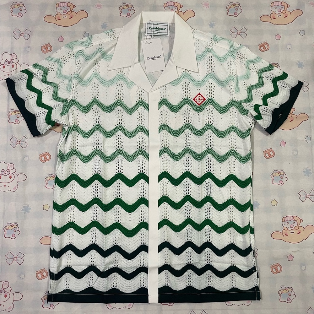 Casablanca Green & White Wave Knit Short-Sleeve Shirt